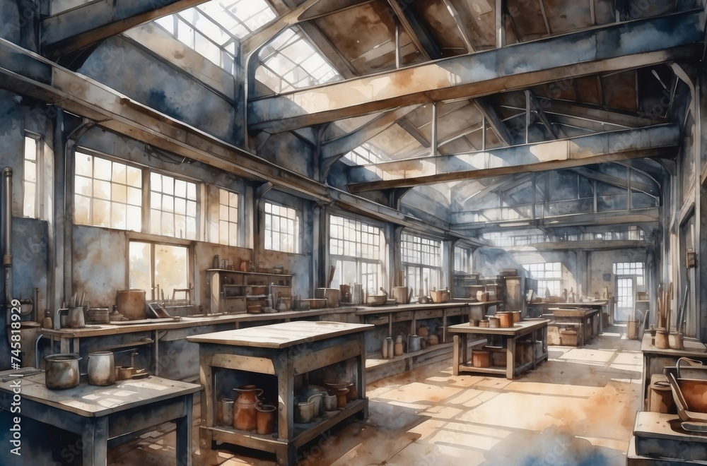 old factory watercolor art background, 1930s,
