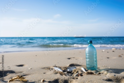 Plastic Bottle Pollution on Sandy Beach. Plastic Pollution on Beach