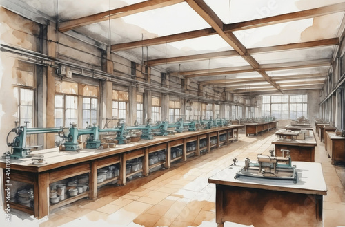 old factory watercolor art background, 1930s,  © Magic Art