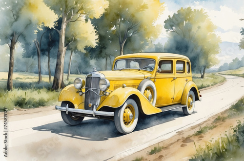 1930s old car on the road watercolor