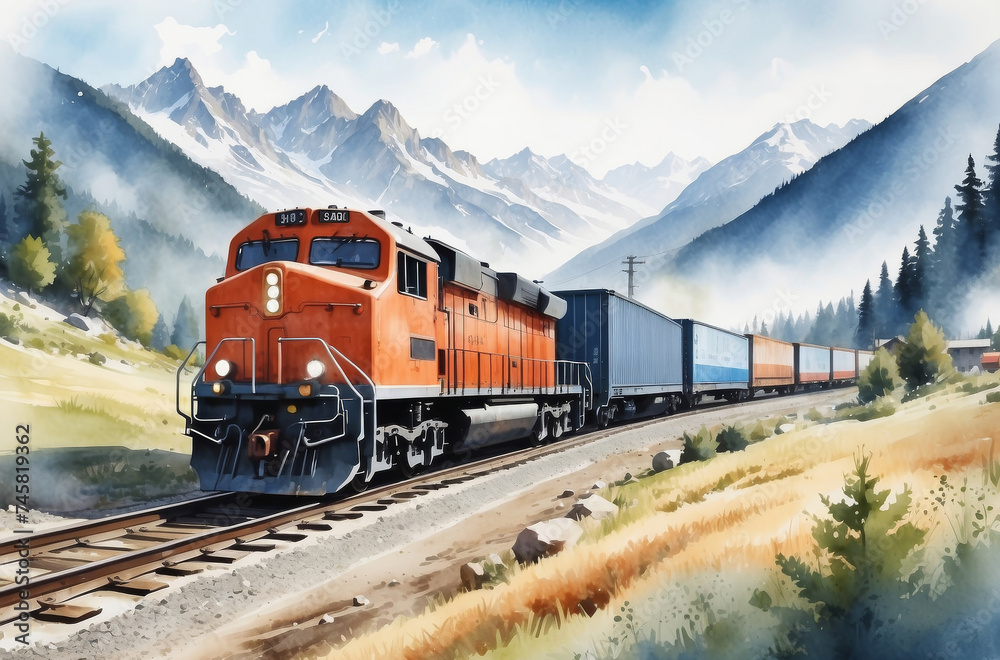 freight train in rural landscape watercolor art