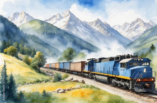 freight train in rural landscape watercolor art © Magic Art