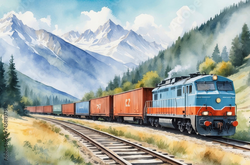 freight train in rural landscape watercolor art