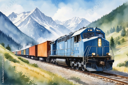 freight train in rural landscape watercolor art