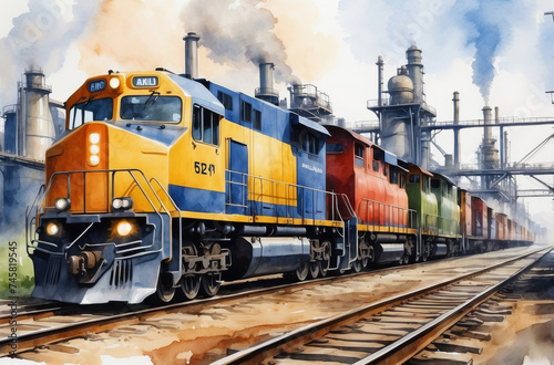 freight train in the factory district watercolor art