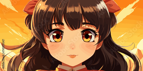 Anime poster. Kawaii winking school girl face with big eyes in manga style vector flat bright colors