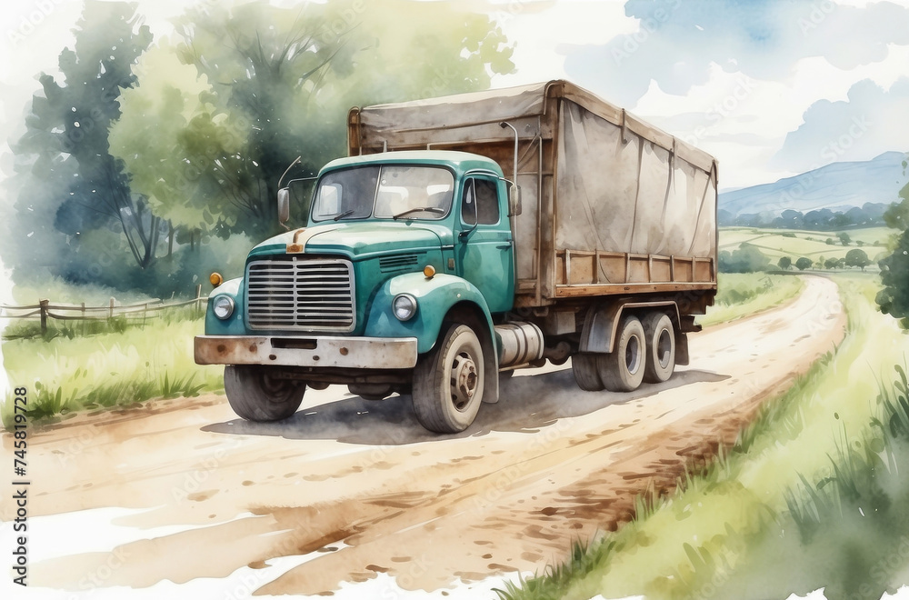 truck on the road watercolor