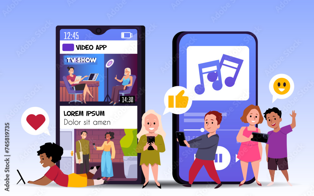 Children with phones view content, share likes and a set of emoticons. Children with phones view content, share likes and a set of emoticons.