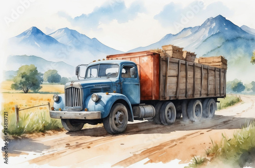 truck on the road watercolor