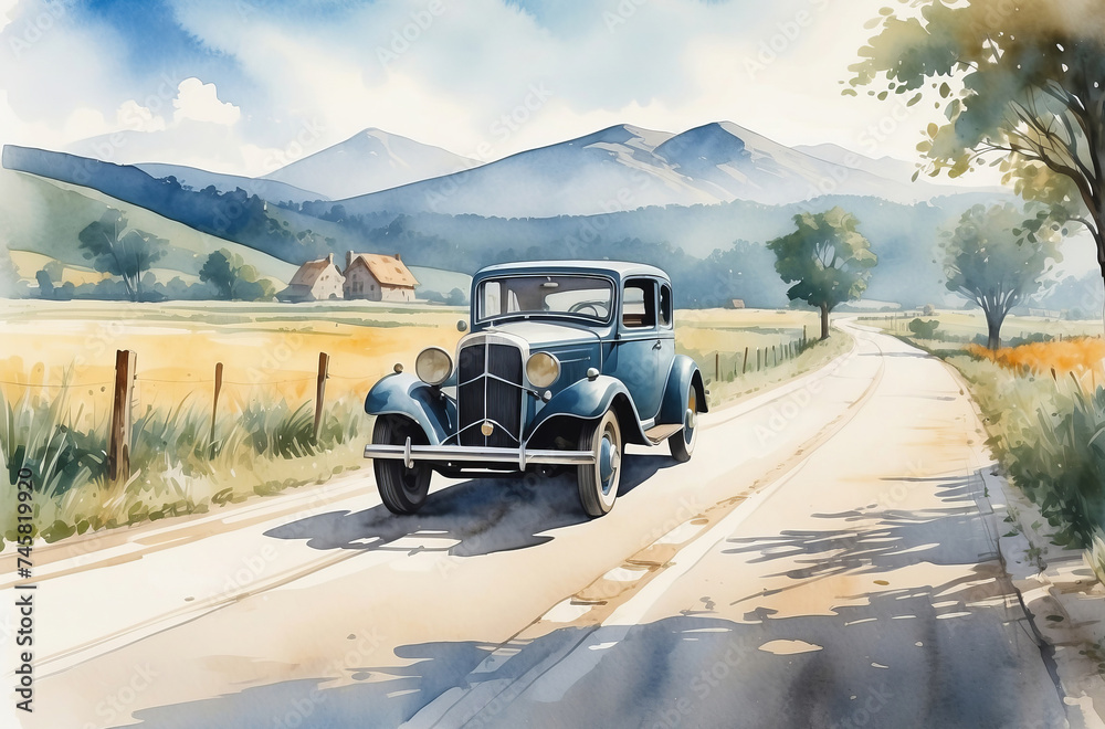 1930s old car on the road watercolor - obrazy, fototapety, plakaty 