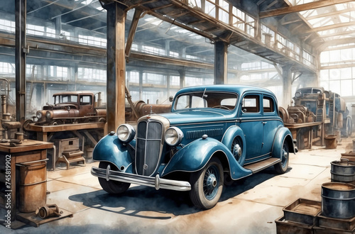 1930s old car  factory watercolor background