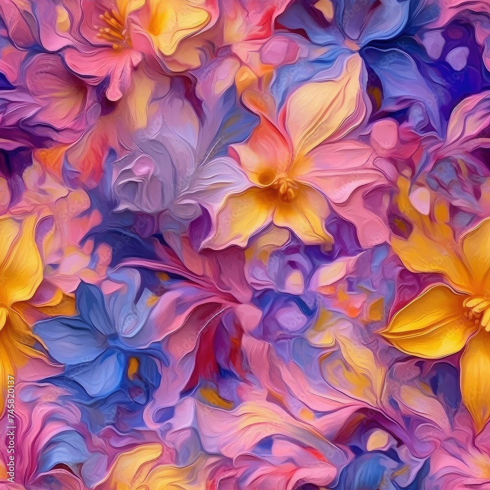 Abstract floral oil color painting, pinks and purples and yellow and blue