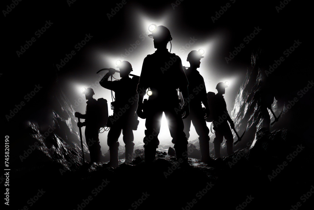 Silhouette of Miners with headlamps underground mine solid black background. ai generative Silhouette of Miners with headlamps underground mine solid black background. ai generative