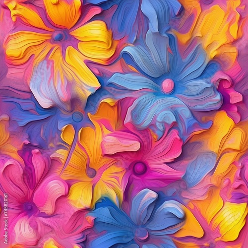 Abstract floral oil color painting, pinks and purples and yellow and blue