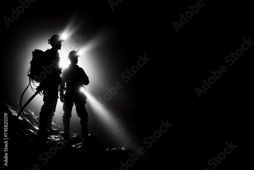 Silhouette of Miners with headlamps underground mine solid black background. ai generative photo