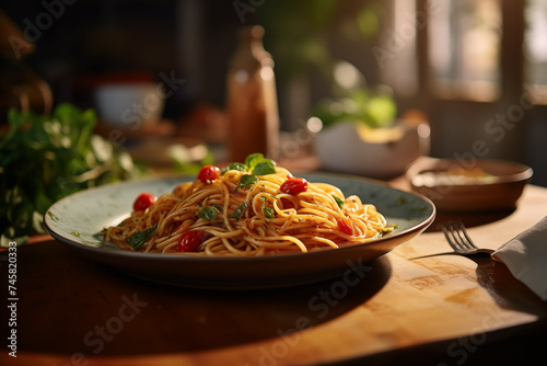 Italian pasta Bolognese, spaghetti with tomato. Homemade food. Cafe, restaurant. Food delivery.