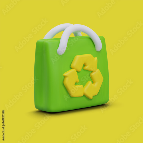 Green fabric bag with recycling symbol. Eco shopping package