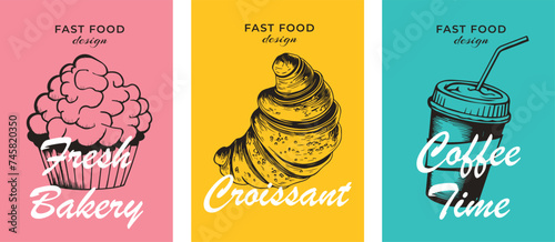Vector drawing of fast food croissant baking coffee. Set of color fast food design cards. Card poster banner template. Vector file design elements.