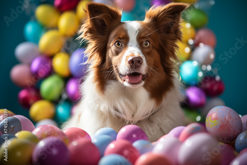 Easter dog. Eggs and flowers background. Happy Easter card. Spring celebrations. © Aleksandr