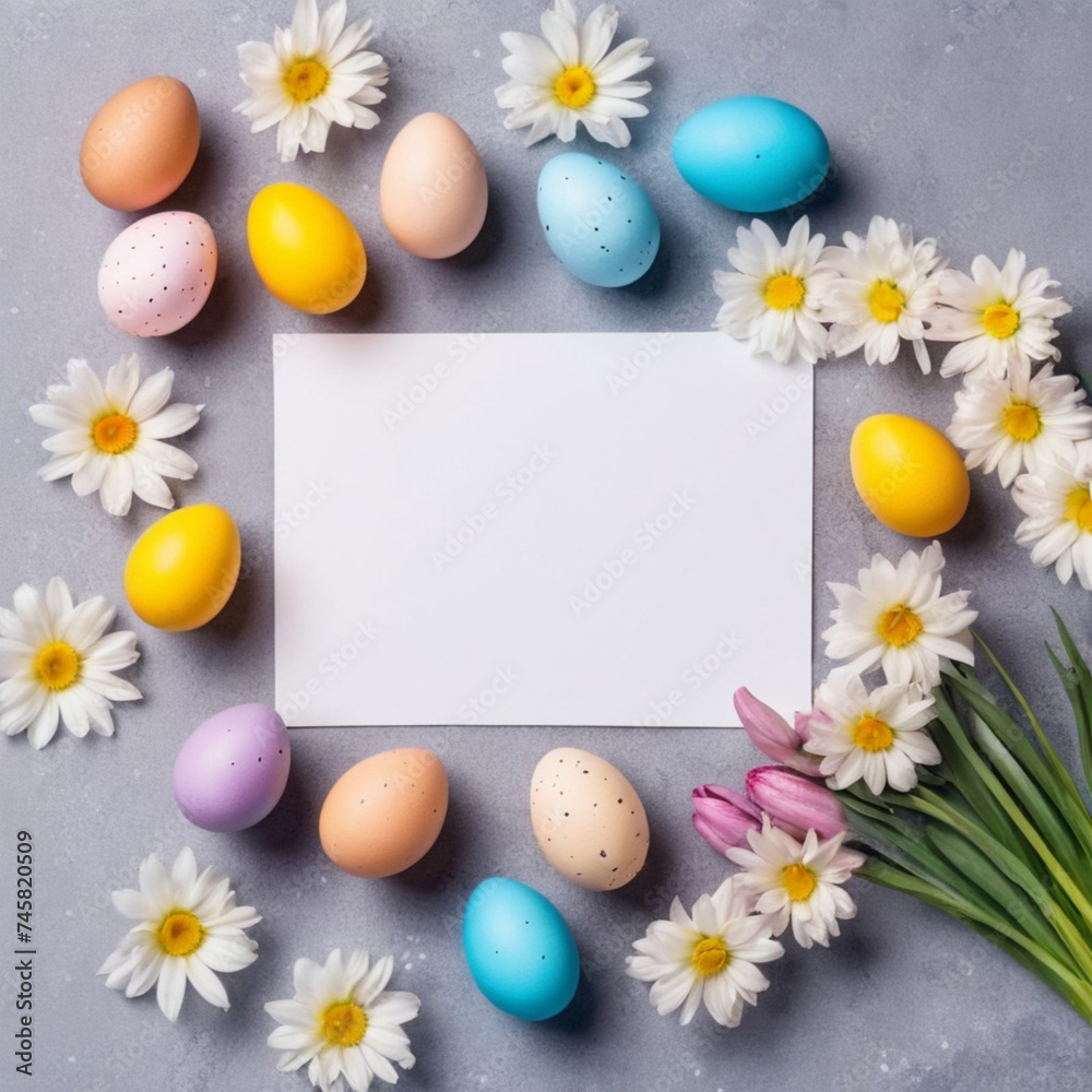 photo of a easter card with eggs and flowers photo of a easter card with eggs and flowers