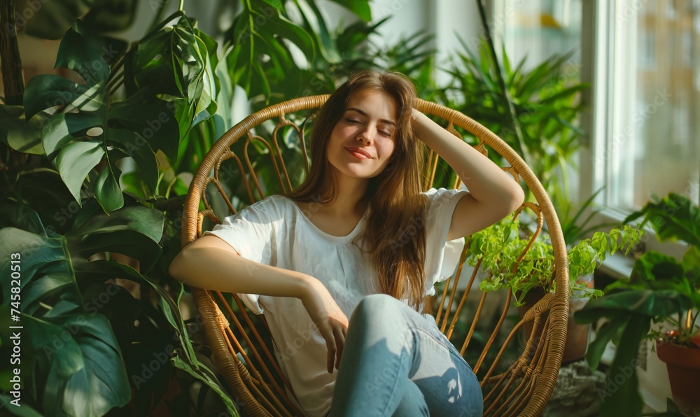 A young girl relaxes and smiles in a chair in a cozy room with many indoor plants. A young girl relaxes and smiles in a chair in a cozy room with many indoor plants.