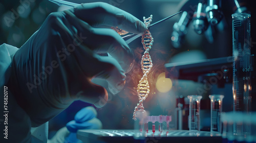 Precision DNA Strand Cutting in Genetic Engineering, A close-up of a gloved hand using scissors to snip a DNA molecule, illustrating the precise nature of genetic modification technology.