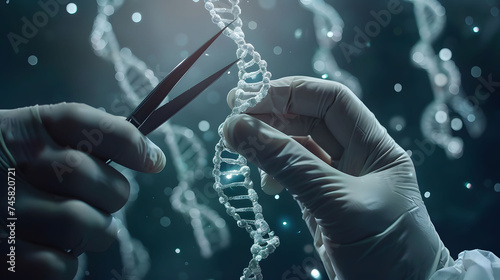 Precision DNA Strand Cutting in Genetic Engineering, A close-up of a gloved hand using scissors to snip a DNA molecule, illustrating the precise nature of genetic modification technology.

