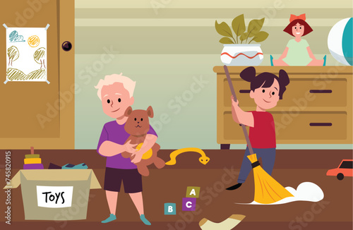Children's room cleaning flat vector illustration.