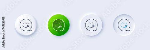 Yummy smile line icon. Neumorphic, Green gradient, 3d pin buttons. Emoticon with tongue sign. Speech bubble symbol. Line icons. Neumorphic buttons with outline signs. Vector