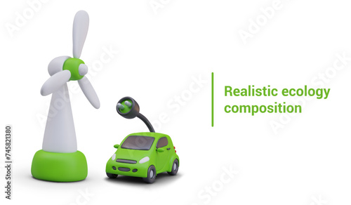 Green natural energy. Electric car with plug, wind turbine on white background