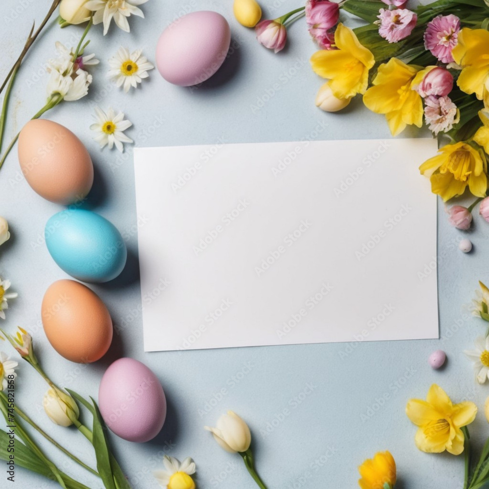 photo of a easter card with eggs and flowers photo of a easter card with eggs and flowers
