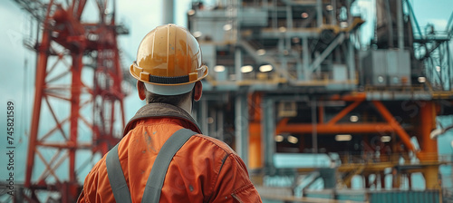worker in a helmet and equipment against the background of an oil rig