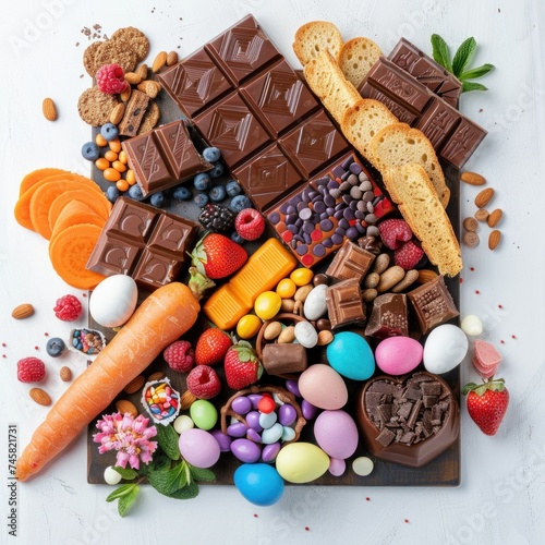 Easter sweet charcuterie board with chocolate eggs, candies, berries, cookies and marshmallows on white background. Top view. Festive holiday snack for kids.