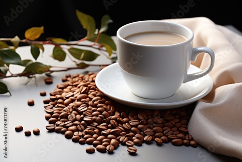 A mug of coffee on a table with grain on a white background ai Generative, generative IA