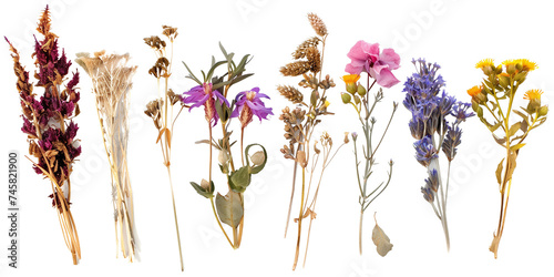Set of dried wild flowers, isolated on transparent background
