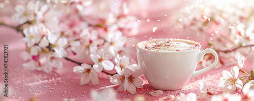 White sakura latte in a cup on a pink surface with cherry blossoms. still life. Spring and cafe concept.