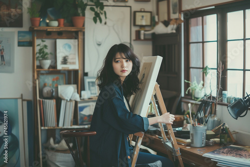 An elegant composition featuring the female painter seated at her easel, with minimalistic decor and clean lines emphasizing the simplicity and beauty of her workspace, Japanese mi
