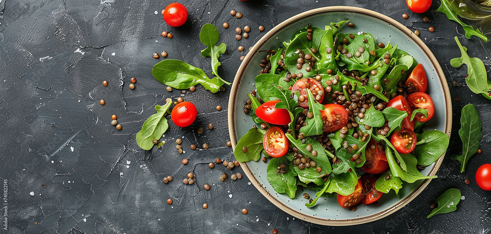 Vegetarian green salad with lentils and vegetables on a plate.
