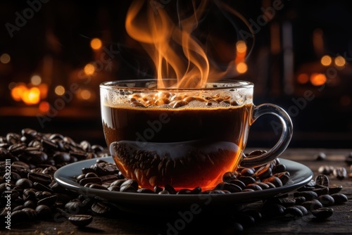 Steam of fresh coffee rises from a single dark mug generated by AI, generative IA
