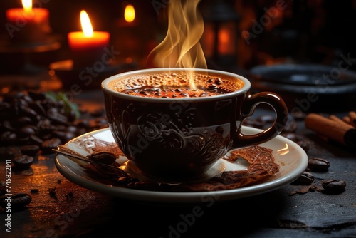 Dark Moca Vapor fills cup of rustic coffee generated by, generative IA