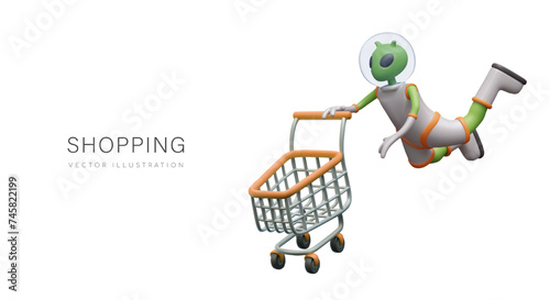 Space shopping. Green alien in spacesuit floats in weightlessness along with empty shopping cart
