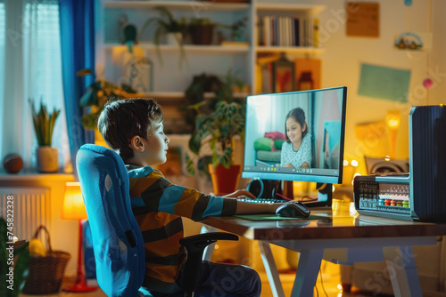 student video conference with teacher and classmates on computer in room at home, Homeschooling and distance learning