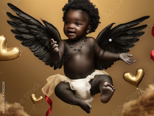  a little black cherub with wings, smiling floating with hearts and clouds in a Horizontal layout, in a Love-themed, photorealistic illustrations in JPG. Generative ai