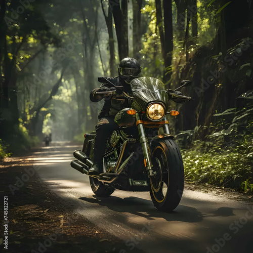 a man riding on the back of a motorcycle down a forest road