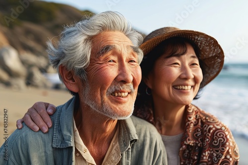 ビーチで微笑む日本人のシニア夫婦, Generative AI