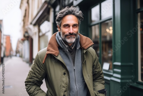 Portrait of a handsome bearded middle-aged man with gray hair in a green jacket and gray scarf on a city street.
