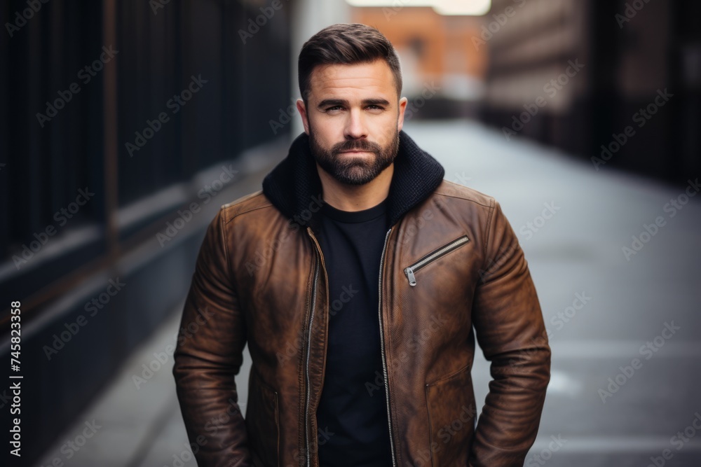 Portrait of a handsome bearded man in a leather jacket on the street