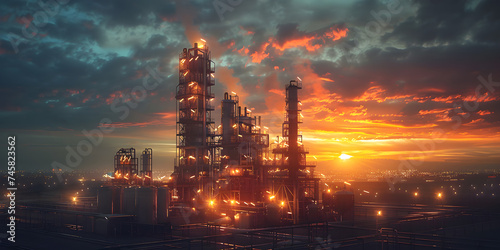 Oil refinery industrial plant with nature and sky background.