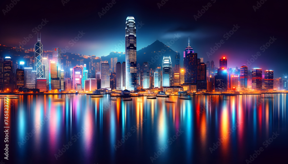 Fototapeta premium Hong Kong skyline at night through a stunning long exposure shot, showcasing the glittering skyscrapers reflected in the waters of Victoria Harbour
