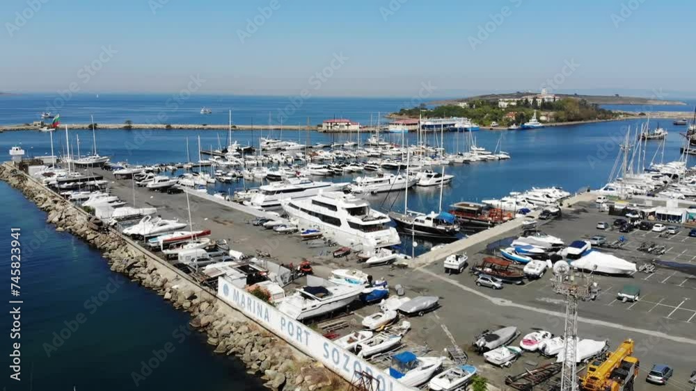 Sozopol, Bulgaria. Aerial harbor view of boats and yachts in marina port. Drone view from above.